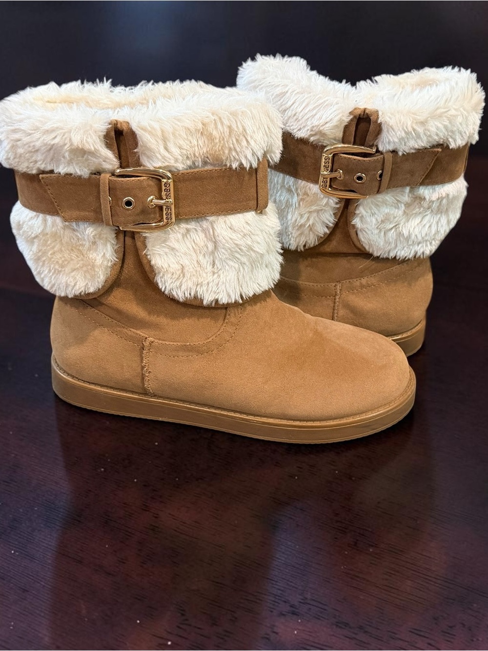 G By Guess Winter Boots Womens 7.5 Beige Gaussie Faux Fur Suede Booties Buckle